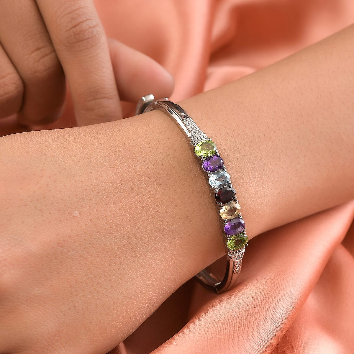 Multi Gemstone Bangle Bracelet in Stainless Steel (6.50 in) 5.75 ctw , Tarnish-Free, Waterproof, Sweat Proof Jewelry image number 2