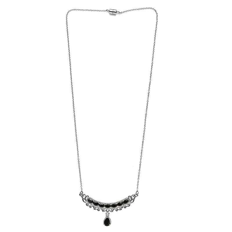 Thai Black Spinel Fancy Necklace (20 Inches) in Stainless Steel 6.35 ctw , Tarnish-Free, Waterproof, Sweat Proof Jewelry