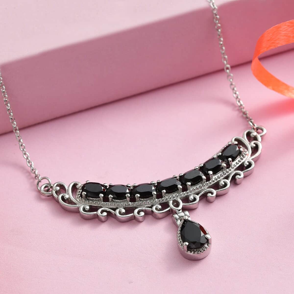 Thai Black Spinel Fancy Necklace (20 Inches) in Stainless Steel 6.35 ctw , Tarnish-Free, Waterproof, Sweat Proof Jewelry image number 1