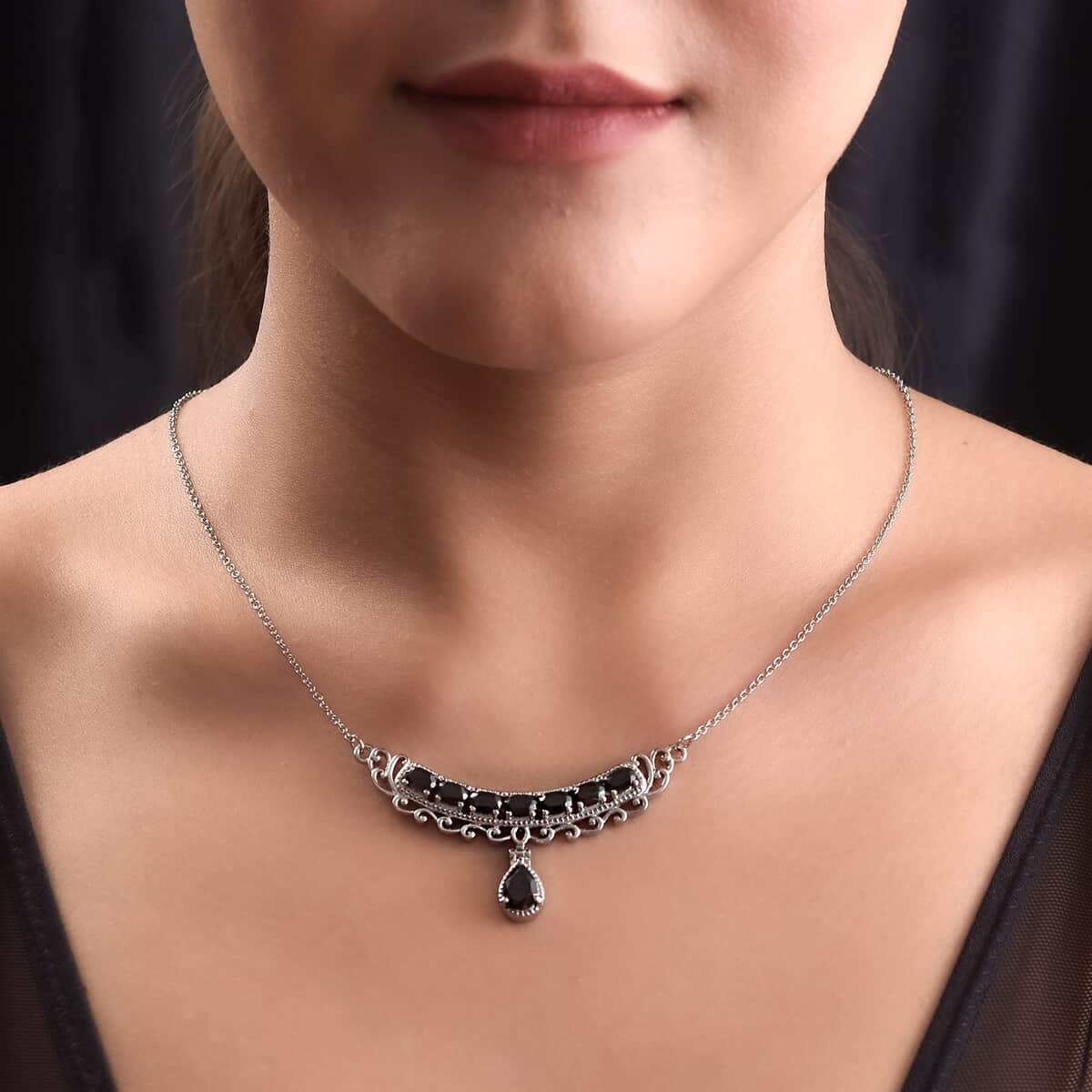 Thai Black Spinel Fancy Necklace (20 Inches) in Stainless Steel 6.35 ctw , Tarnish-Free, Waterproof, Sweat Proof Jewelry image number 2