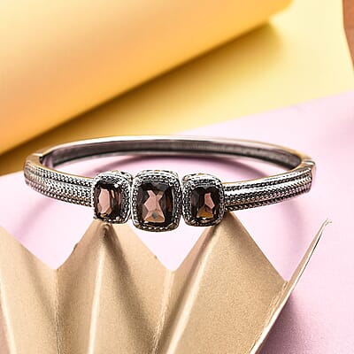 Brazilian Smoky Quartz 5.75 ctw Trilogy Bangle Bracelet in Stainless Steel (6.50 In)