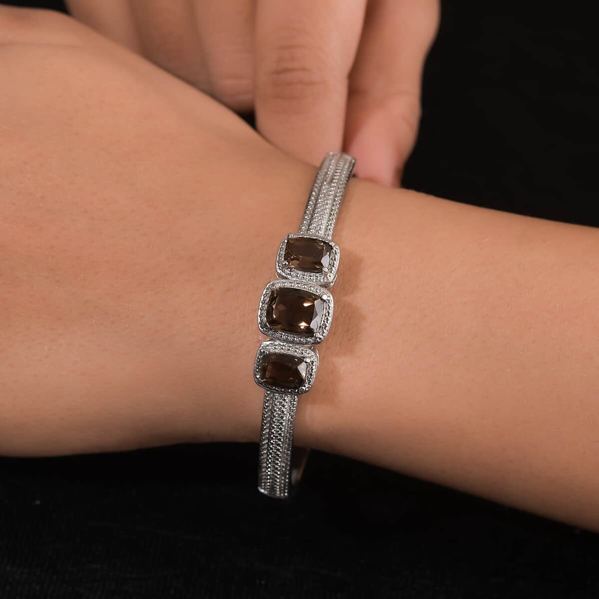 Brazilian Smoky Quartz 5.75 ctw Trilogy Bangle Bracelet in Stainless Steel (7.25 In) image number 2