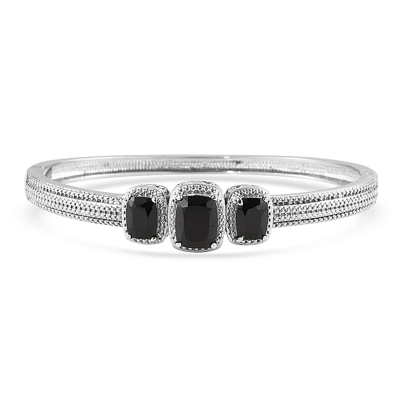 Thai Black Spinel Bangle Bracelet in Stainless Steel (7.25 In) 8.15 ctw , Tarnish-Free, Waterproof, Sweat Proof Jewelry