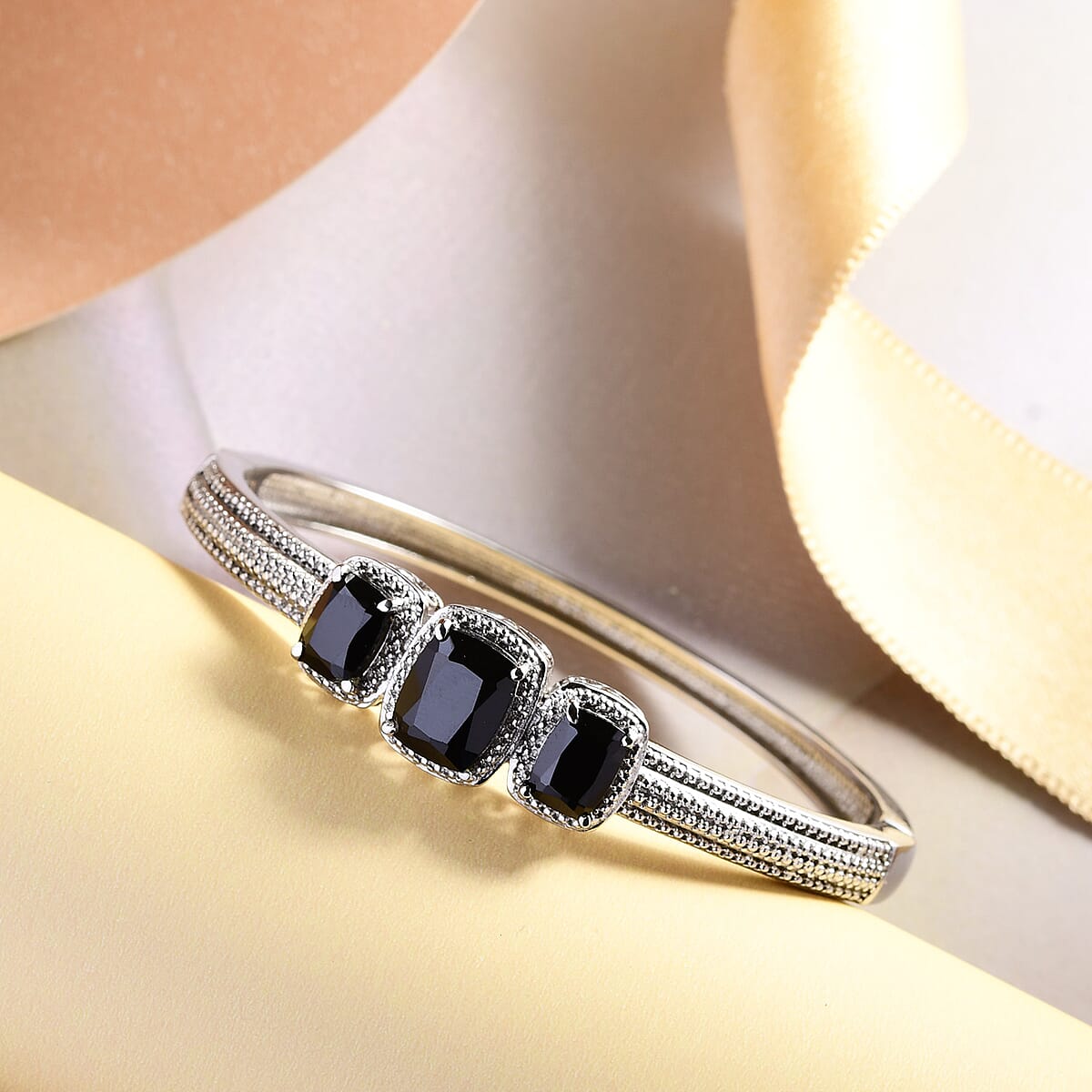 Thai Black Spinel Bangle Bracelet in Stainless Steel (7.25 In) 8.15 ctw , Tarnish-Free, Waterproof, Sweat Proof Jewelry image number 1