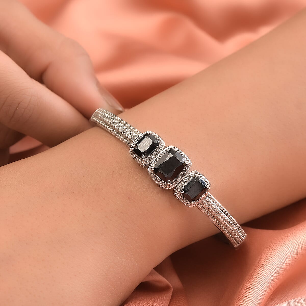 Thai Black Spinel Bangle Bracelet in Stainless Steel (7.25 In) 8.15 ctw , Tarnish-Free, Waterproof, Sweat Proof Jewelry image number 2