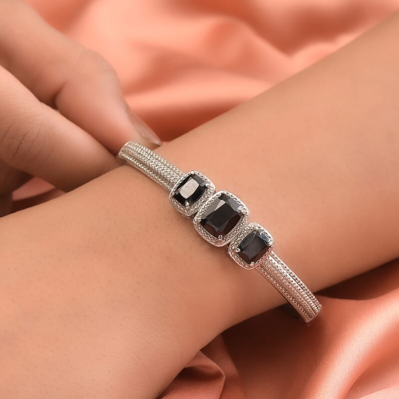 Thai Black Spinel Bangle Bracelet in Stainless Steel (7.25 In) 8.15 ctw , Tarnish-Free, Waterproof, Sweat Proof Jewelry
