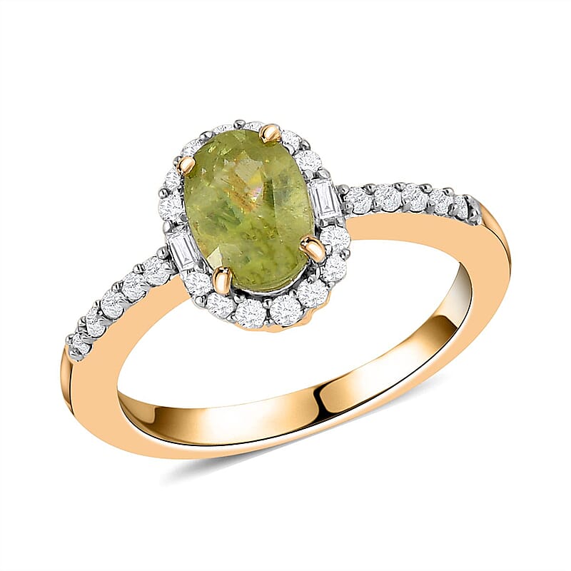 Premium Sava Sphene and Natural White Zircon Halo Ring in Vermeil Yellow Gold Over Sterling Silver (Size 10.0) 1.25 ctw