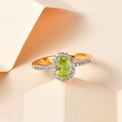 Premium Sava Sphene and Natural White Zircon Halo Ring in Vermeil Yellow Gold Over Sterling Silver (Size 10.0) 1.25 ctw
