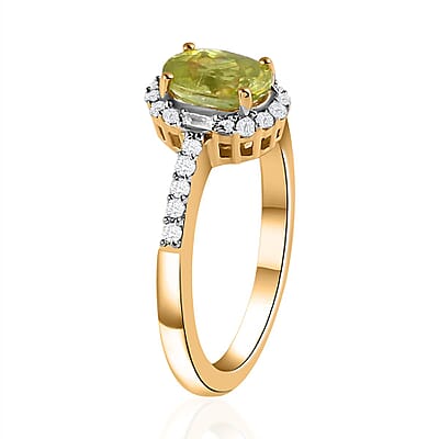 Premium Sava Sphene and Natural White Zircon Halo Ring in Vermeil Yellow Gold Over Sterling Silver (Size 10.0) 1.25 ctw
