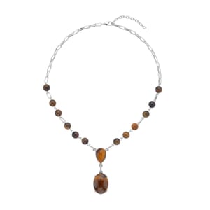 Yellow Tiger's Eye 70.00 ctw Necklace in Silvertone 18-20 Inches