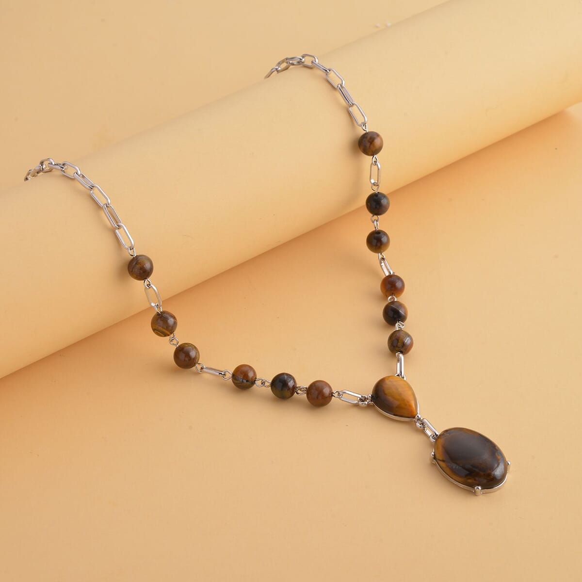 Yellow Tiger's Eye 70.00 ctw Necklace in Silvertone 18-20 Inches image number 1