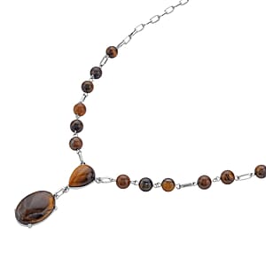 Yellow Tiger's Eye 70.00 ctw Necklace in Silvertone 18-20 Inches