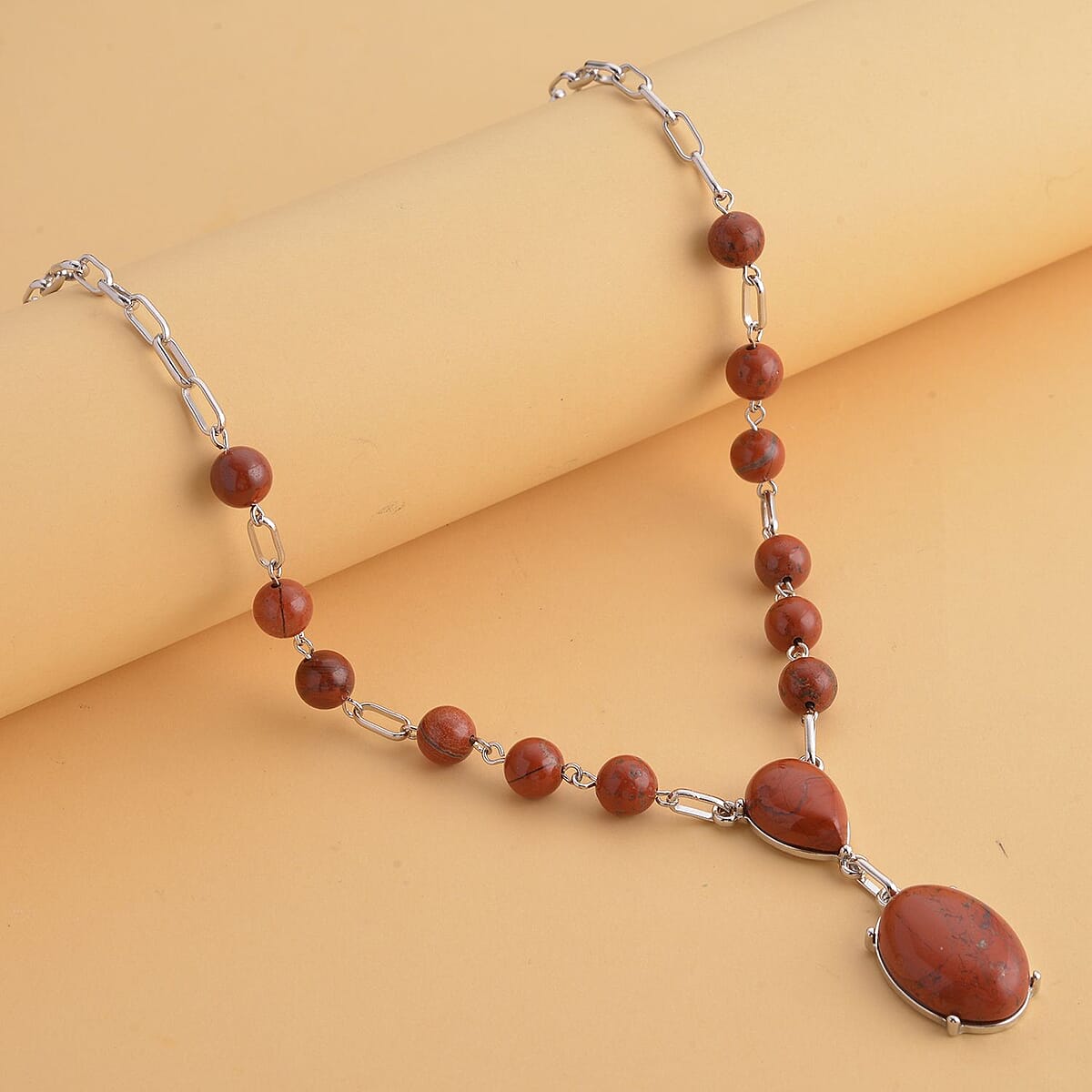 Red Jasper 70.00 ctw Necklace in Silvertone 18-20 Inches image number 1