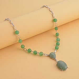 Green Aventurine 70.00 ctw Necklace in Silvertone 18-20 Inches