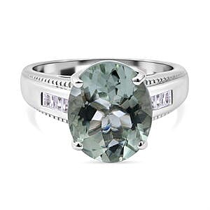 Prasiolite and White Zircon 4.51 ctw Ring in Platinum Over Sterling Silver (Size 5.5)