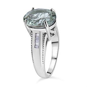 Prasiolite and White Zircon 4.51 ctw Ring in Platinum Over Sterling Silver (Size 5.5)