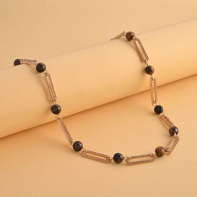 Yellow Tiger's Eye and Champagne Austrian Crystal Paper Clip Necklace 20-22 Inches in Goldtone 50.00 ctw