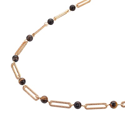 Yellow Tiger's Eye and Champagne Austrian Crystal Paper Clip Necklace 20-22 Inches in Goldtone 50.00 ctw