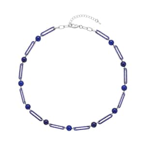 Lapis Lazuli and Blue Austrian Crystal Paper Clip Necklace 20-22 Inches in Silvertone 50.00 ctw
