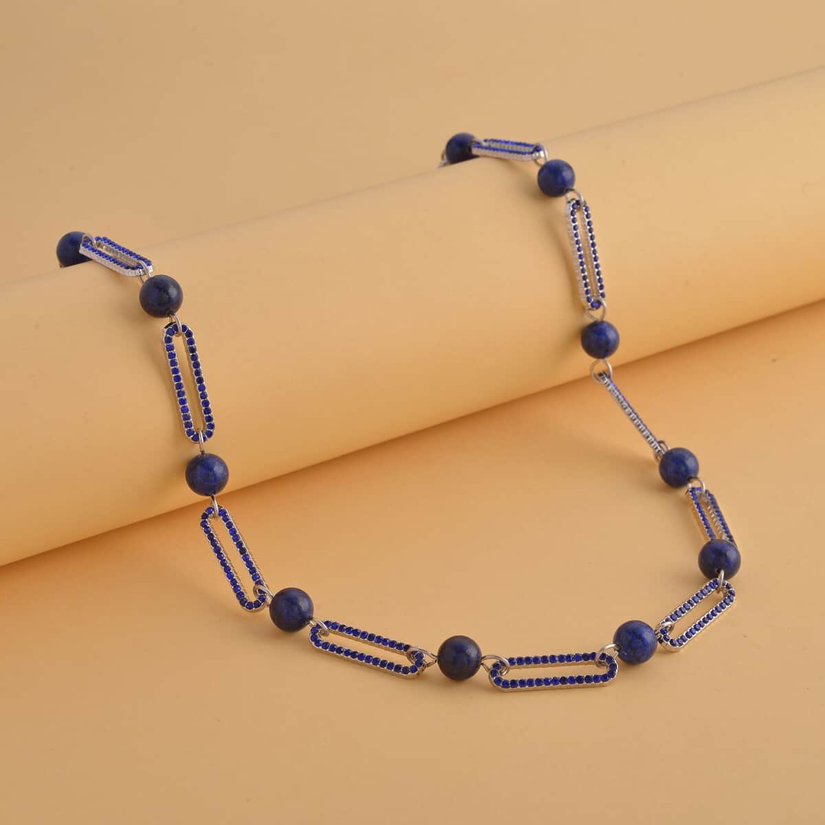 Lapis Lazuli and Blue Austrian Crystal Paper Clip Necklace 20-22 Inches in Silvertone 50.00 ctw image number 1