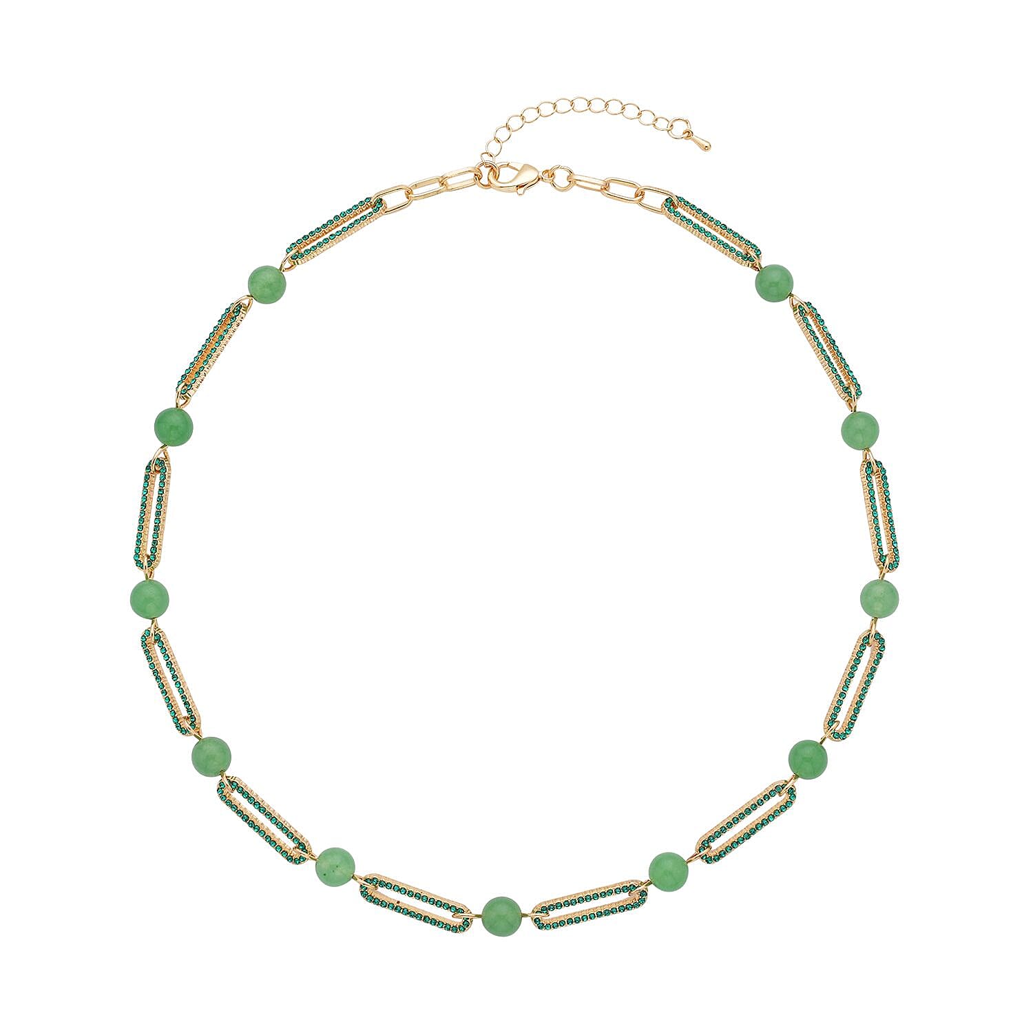 Green Aventurine and Green Austrian Crystal Paper Clip Necklace 20-22 Inches in Goldtone 50.00 ctw