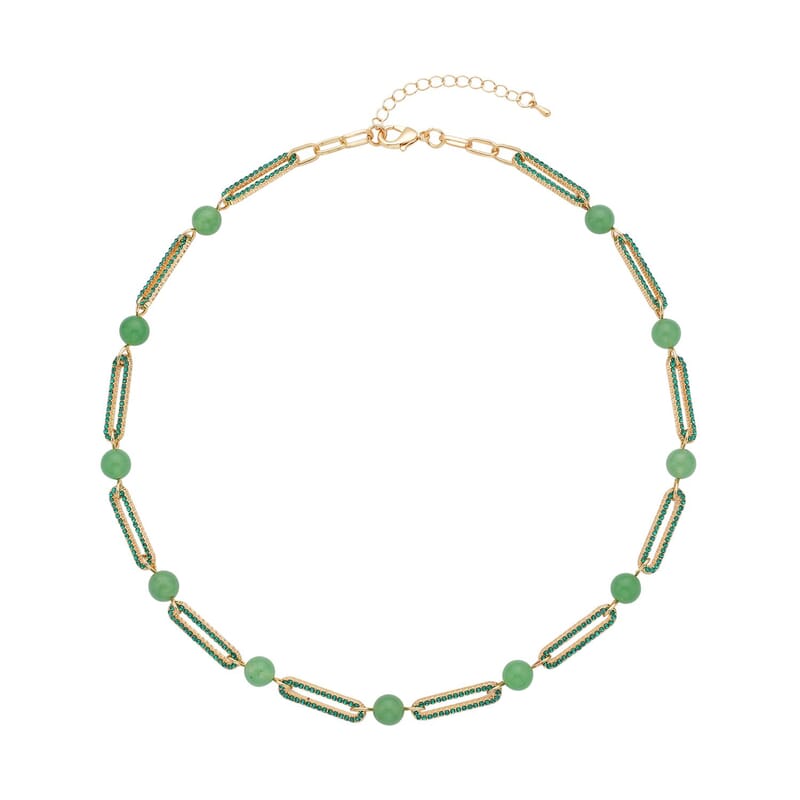 Green Aventurine and Green Austrian Crystal Paper Clip Necklace 20-22 Inches in Goldtone 50.00 ctw