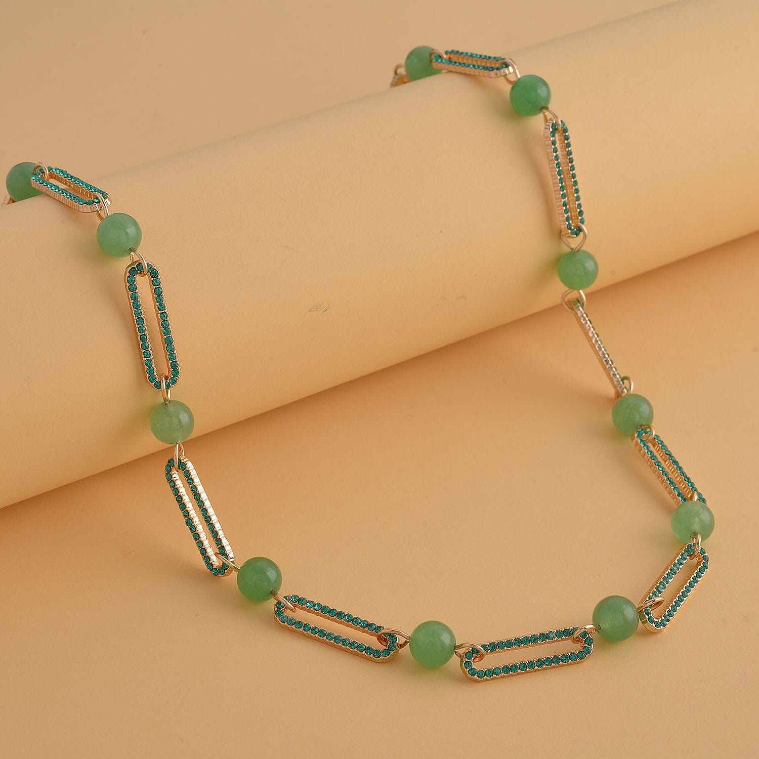 Green Aventurine and Green Austrian Crystal Paper Clip Necklace 20-22 Inches in Goldtone 50.00 ctw