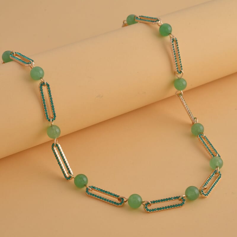 Green Aventurine and Green Austrian Crystal Paper Clip Necklace 20-22 Inches in Goldtone 50.00 ctw