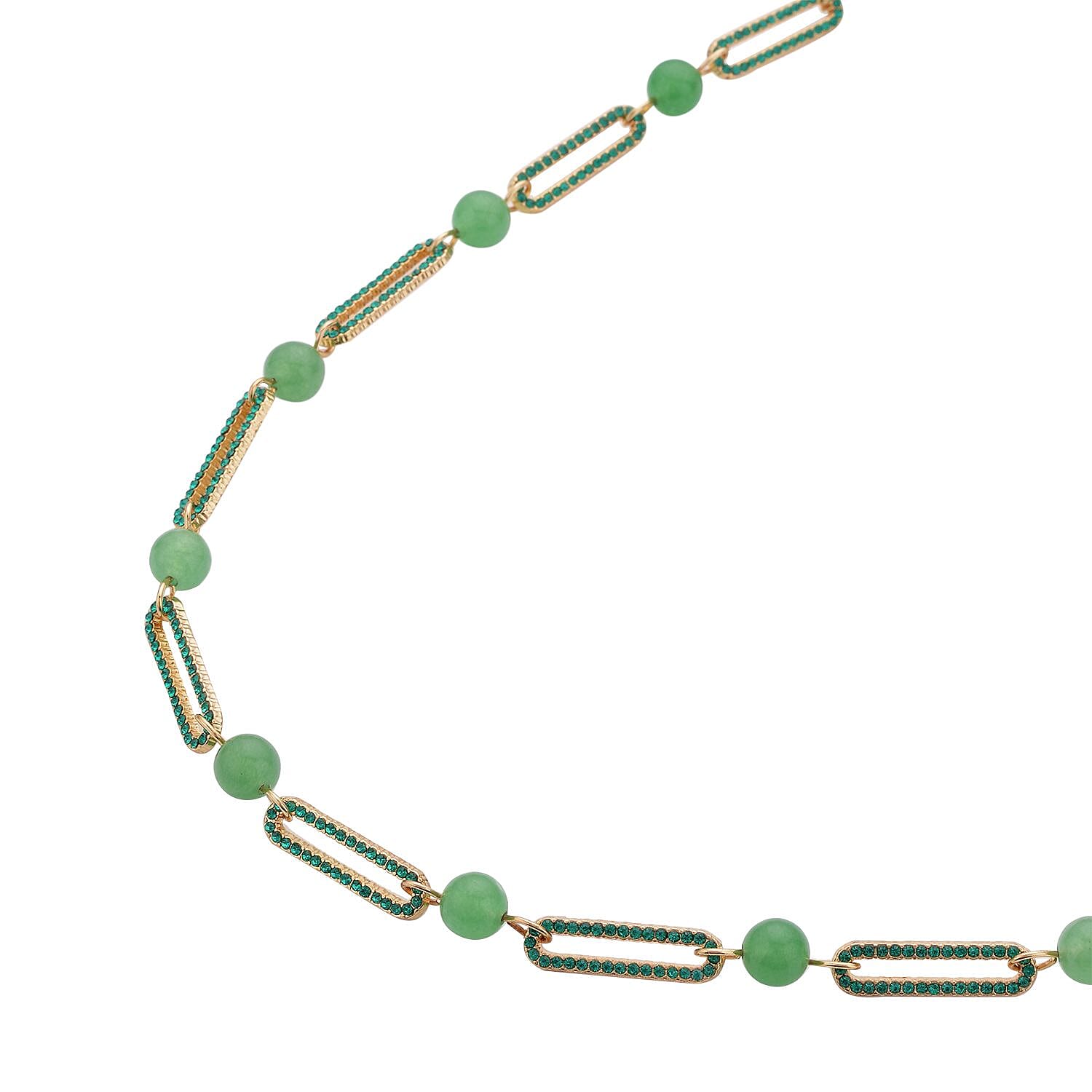 Green Aventurine and Green Austrian Crystal Paper Clip Necklace 20-22 Inches in Goldtone 50.00 ctw