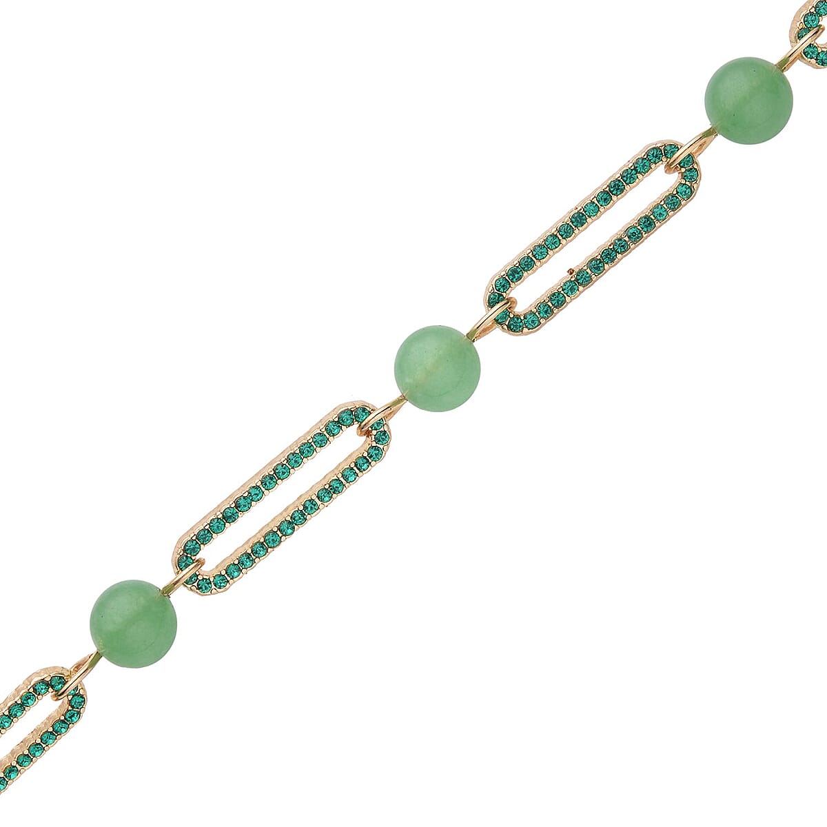 Green Aventurine and Green Austrian Crystal Paper Clip Necklace 20-22 Inches in Goldtone 50.00 ctw image number 3