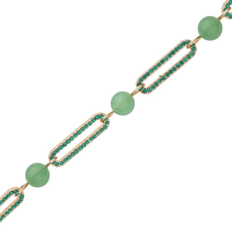 Green Aventurine and Green Austrian Crystal Paper Clip Necklace 20-22 Inches in Goldtone 50.00 ctw