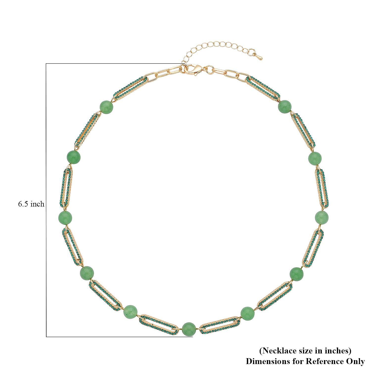 Green Aventurine and Green Austrian Crystal Paper Clip Necklace 20-22 Inches in Goldtone 50.00 ctw