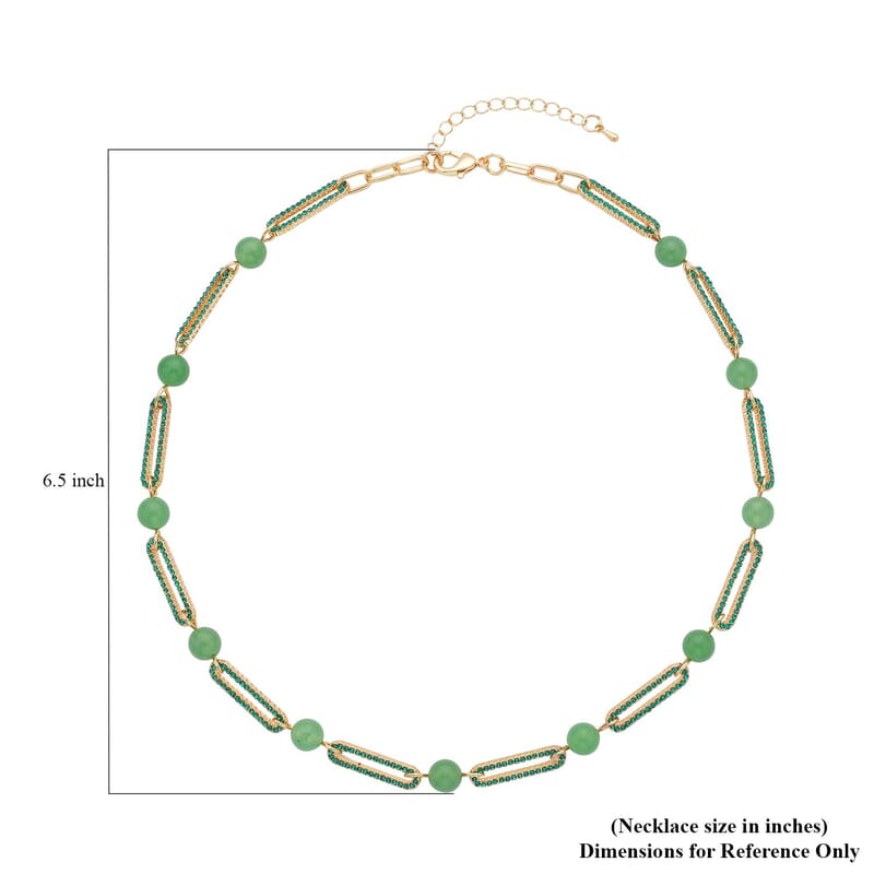Green Aventurine and Green Austrian Crystal Paper Clip Necklace 20-22 Inches in Goldtone 50.00 ctw
