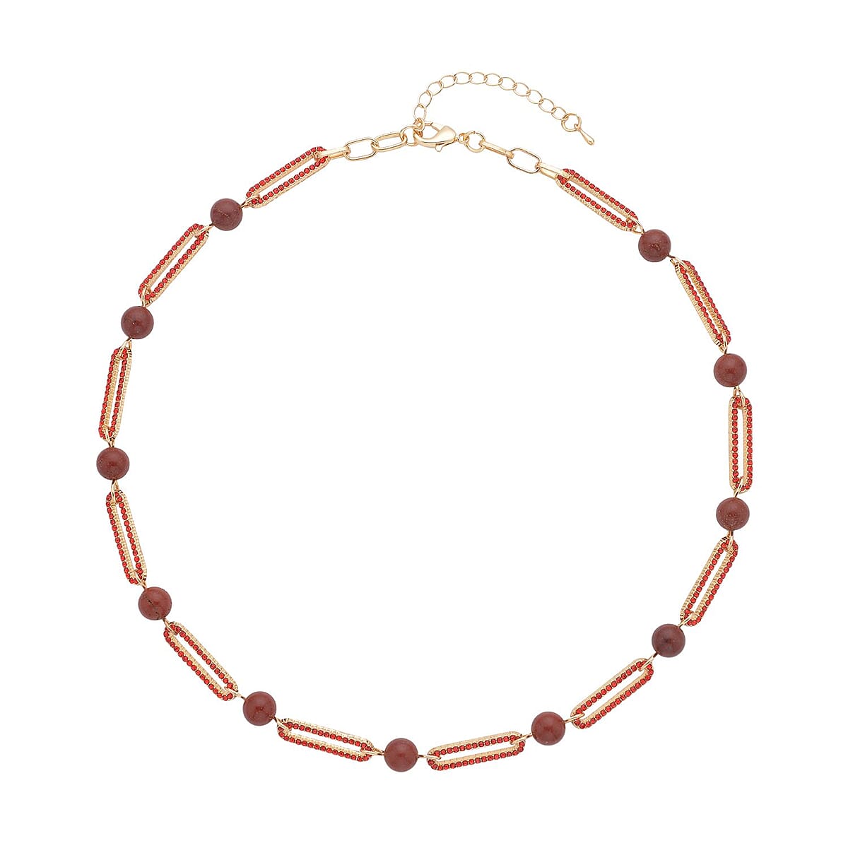 Red Jasper and Red Austrian Crystal Paper Clip Necklace 20-22 Inches in Goldtone 50.00 ctw image number 0