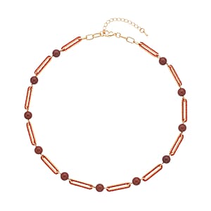 Red Jasper and Red Austrian Crystal Paper Clip Necklace 20-22 Inches in Goldtone 50.00 ctw