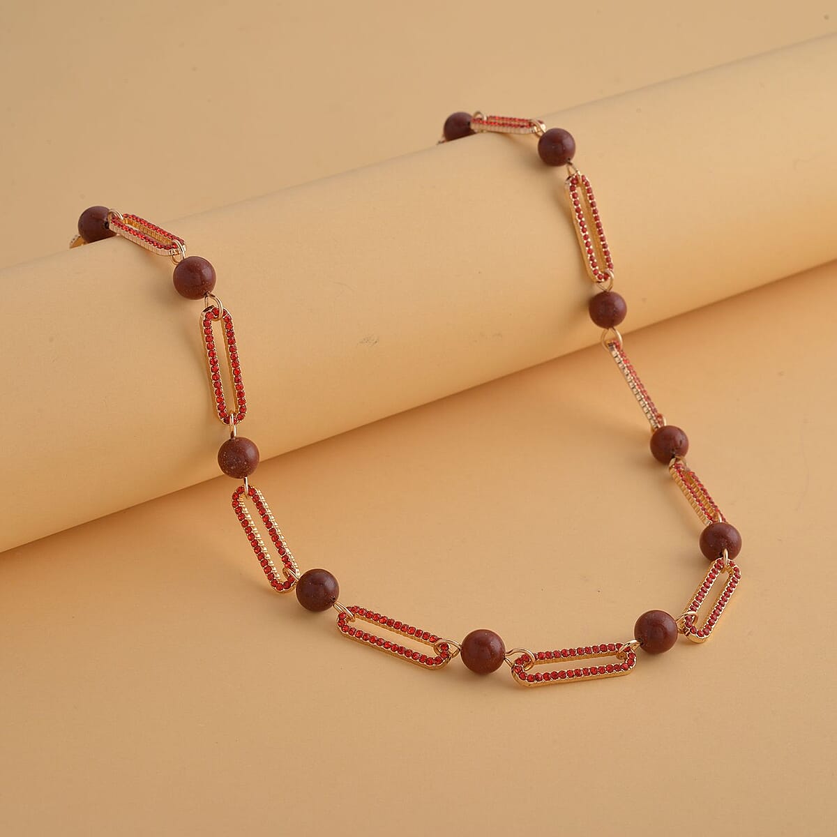 Red Jasper and Red Austrian Crystal Paper Clip Necklace 20-22 Inches in Goldtone 50.00 ctw image number 1
