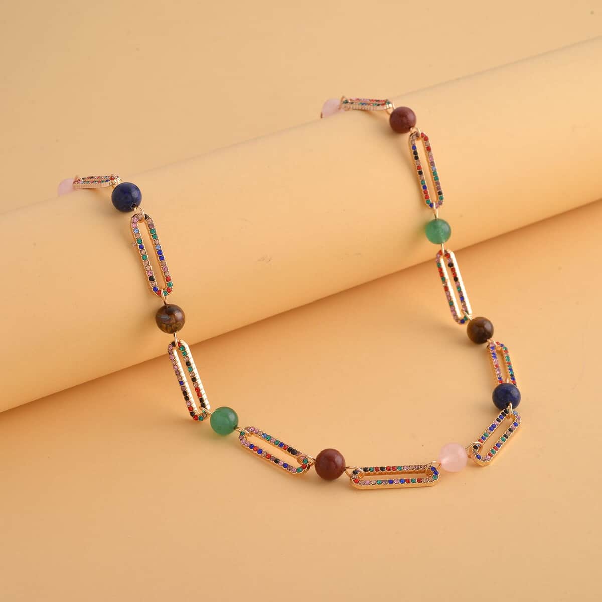 Multi Gemstone and Multi Color Austrian Crystal Paper Clip Necklace 20-22 Inches in Goldtone 50.00 ctw image number 1