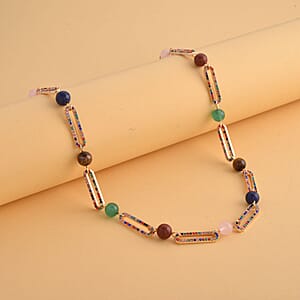 Multi Gemstone and Multi Color Austrian Crystal Paper Clip Necklace 20-22 Inches in Goldtone 50.00 ctw
