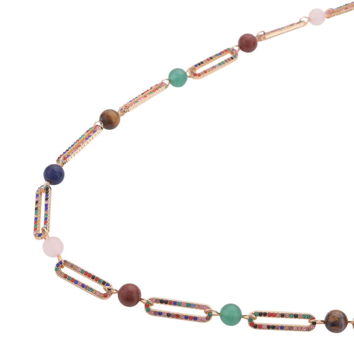 Multi Gemstone and Multi Color Austrian Crystal Paper Clip Necklace 20-22 Inches in Goldtone 50.00 ctw image number 2