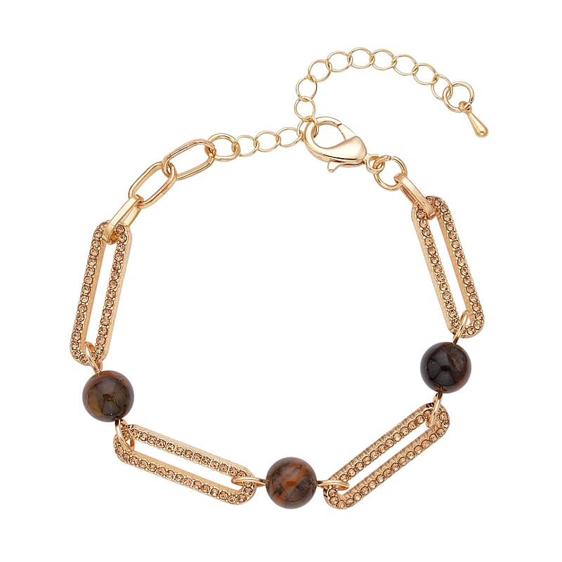 Yellow Tiger's Eye and Champagne Austrian Crystal Paper Clip Bracelet in Goldtone (7.50-9.50In) 10.00 ctw
