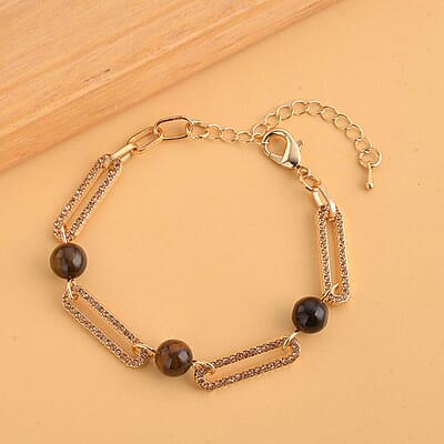 Yellow Tiger's Eye and Champagne Austrian Crystal Paper Clip Bracelet in Goldtone (7.50-9.50In) 10.00 ctw