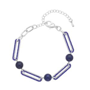 Lapis Lazuli and Blue Austrian Crystal Paper Clip Bracelet in Silvertone (7.50-9.50In) 10.00 ctw
