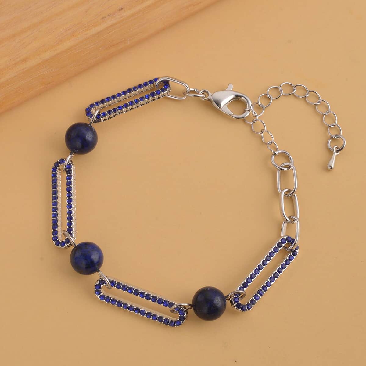 Lapis Lazuli and Blue Austrian Crystal Paper Clip Bracelet in Silvertone (7.50-9.50In) 10.00 ctw image number 1