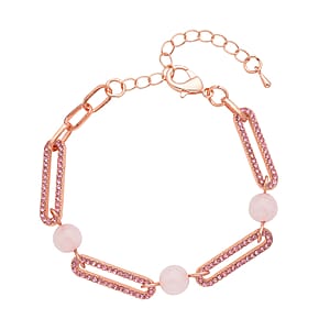 Galilea Rose Quartz and Pink Austrian Crystal Paper Clip Bracelet in Rosetone (7.50-9.50In) 10.00 ctw