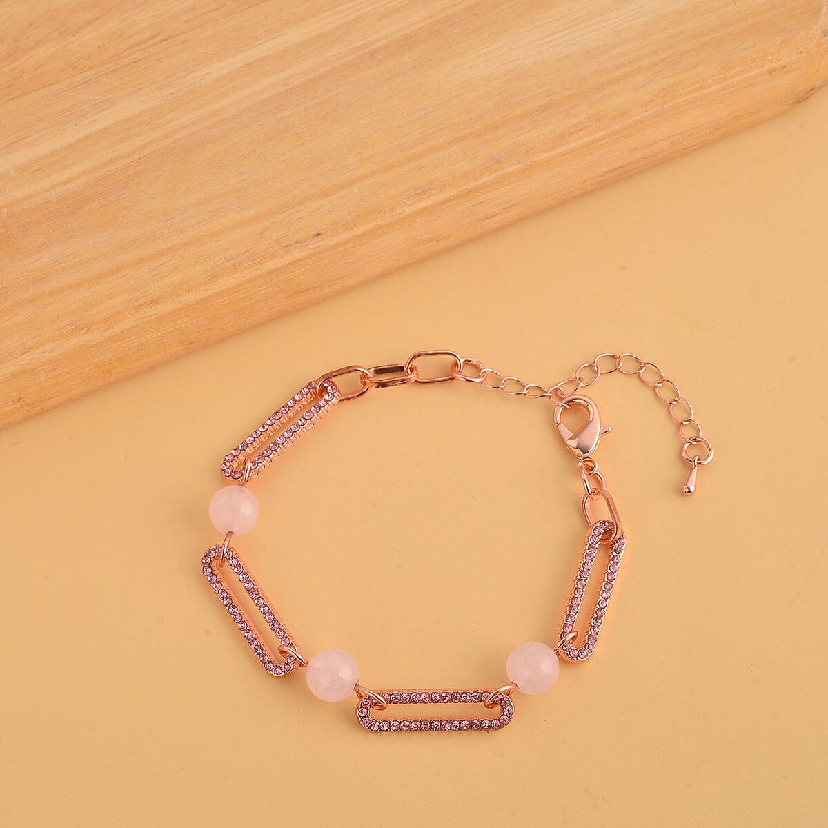 Galilea Rose Quartz and Pink Austrian Crystal Paper Clip Bracelet in Rosetone (7.50-9.50In) 10.00 ctw image number 1