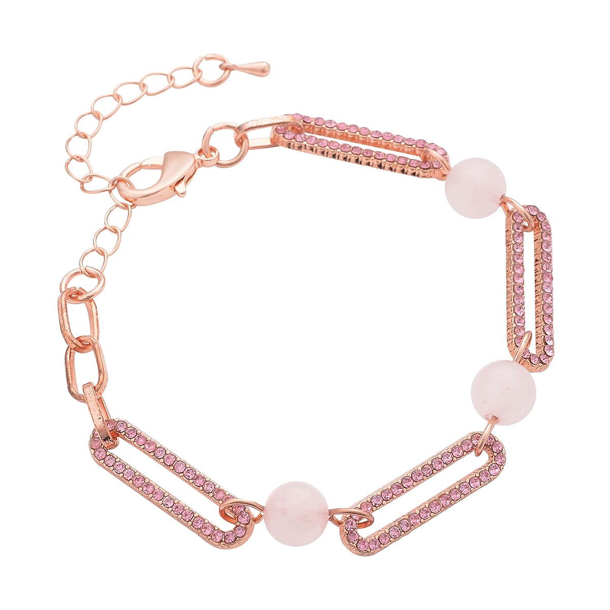 Galilea Rose Quartz and Pink Austrian Crystal Paper Clip Bracelet in Rosetone (7.50-9.50In) 10.00 ctw image number 2