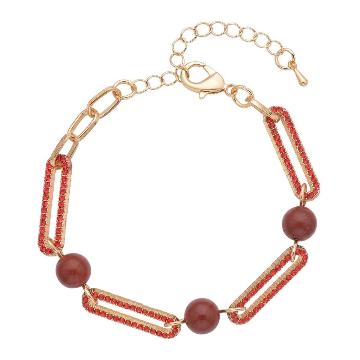 Red Jasper and Red Austrian Crystal Paper Clip Bracelet in Goldtone (7.50-9.50In) 10.00 ctw image number 0