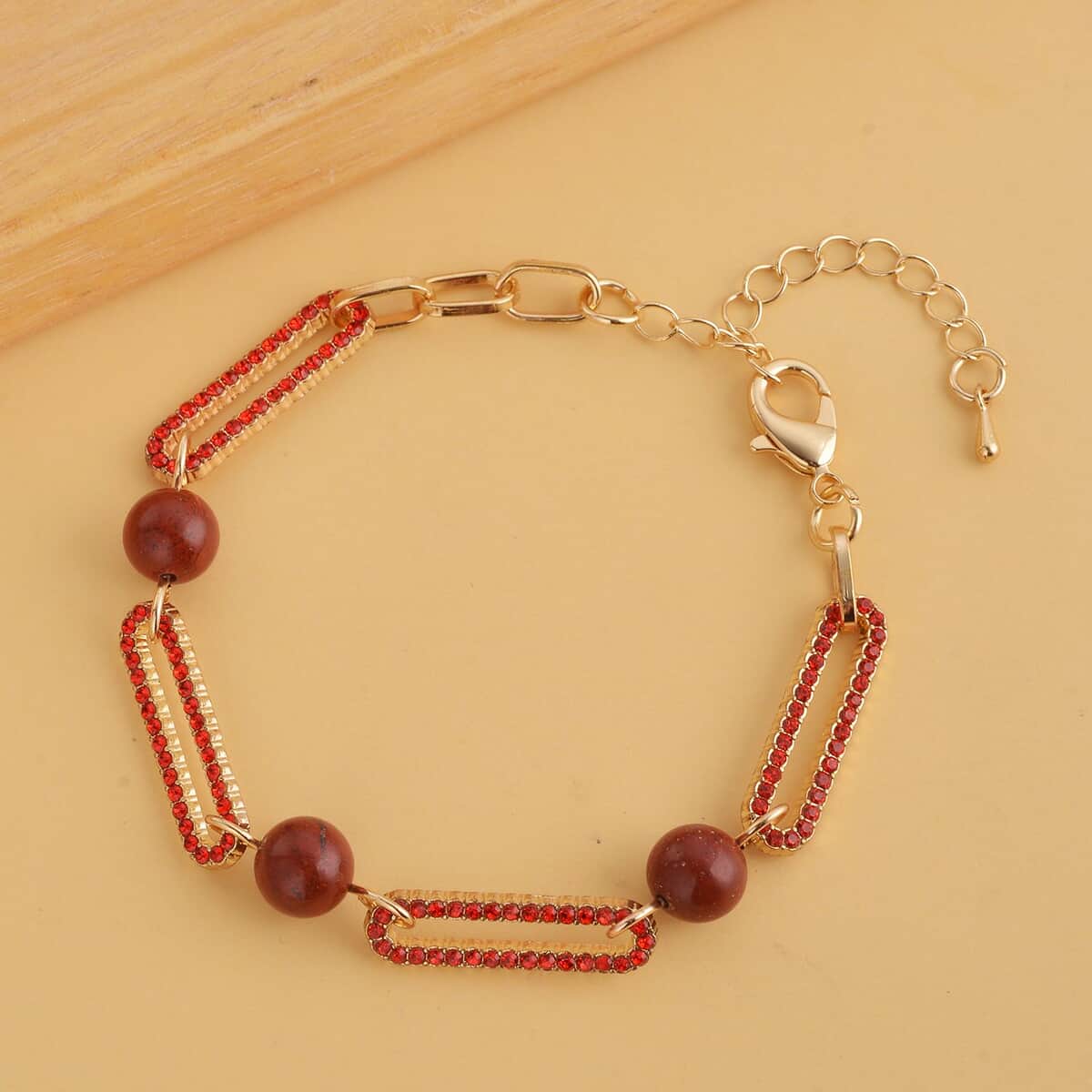 Red Jasper and Red Austrian Crystal Paper Clip Bracelet in Goldtone (7.50-9.50In) 10.00 ctw image number 1