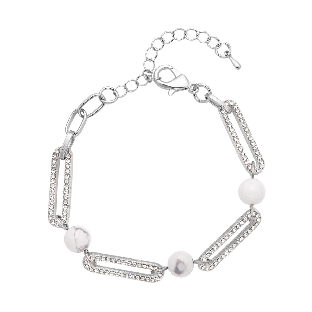 White Howlite and White Austrian Crystal Paper Clip Bracelet in Silvertone (7.50-9.50In) 10.00 ctw image number 0