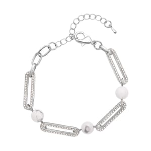 White Howlite and White Austrian Crystal Paper Clip Bracelet in Silvertone (7.50-9.50In) 10.00 ctw